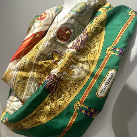 HERMES Scarf Silk Hommage A Charles Garnier Green -Preowned, no box, no care tag - Picture 3 of 12